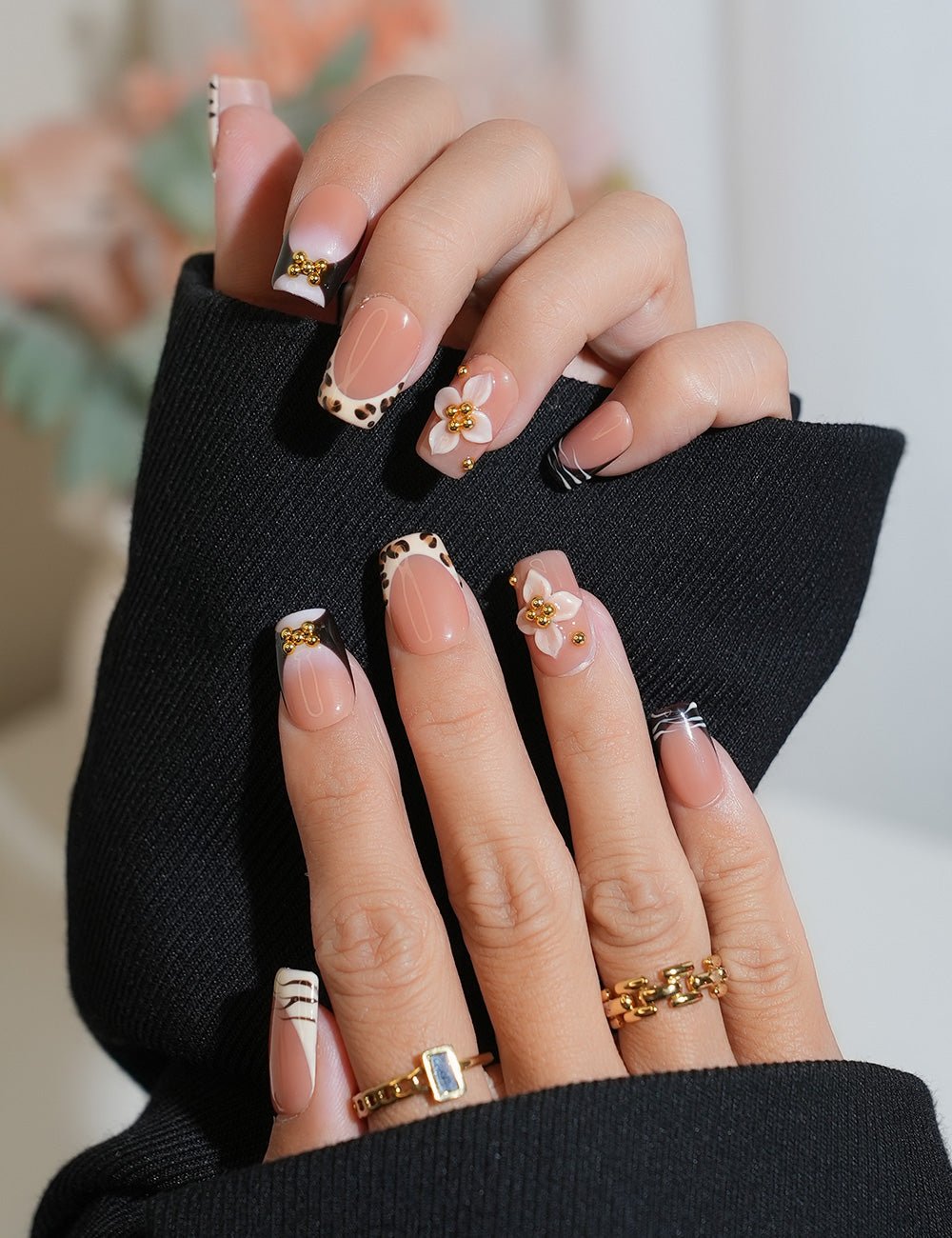 Leopard Floral Press-On Nails – Square Shape with 3D Flower Gold Details