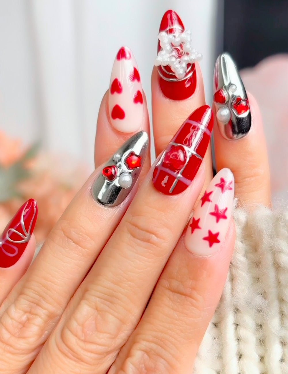 Red & Chrome Heart Press-On Nails 3050