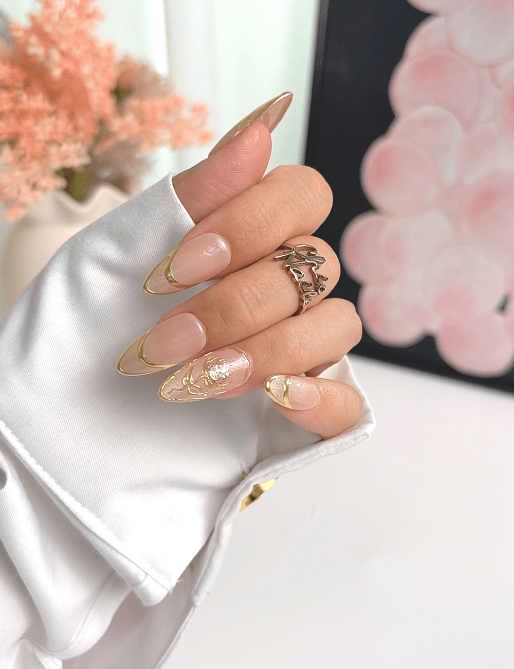 Gold Line French Press On Nails | Nude Almond Nails | Elegant Minimal Gold Design | Handmade Press On Nails
