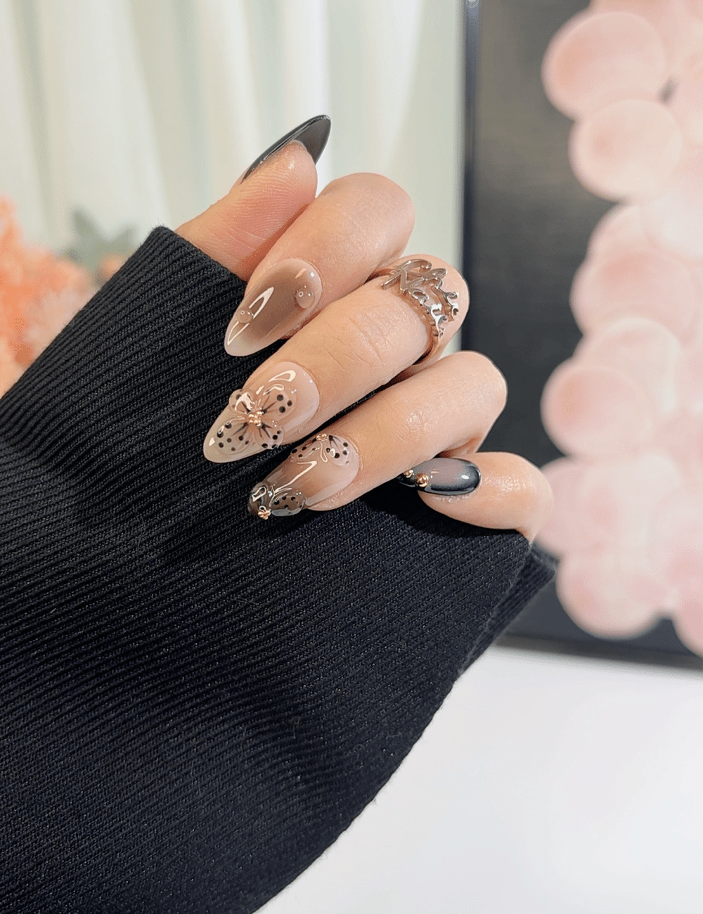 Black Butterfly Floral Ombre Press-On Nails – Medium Almond