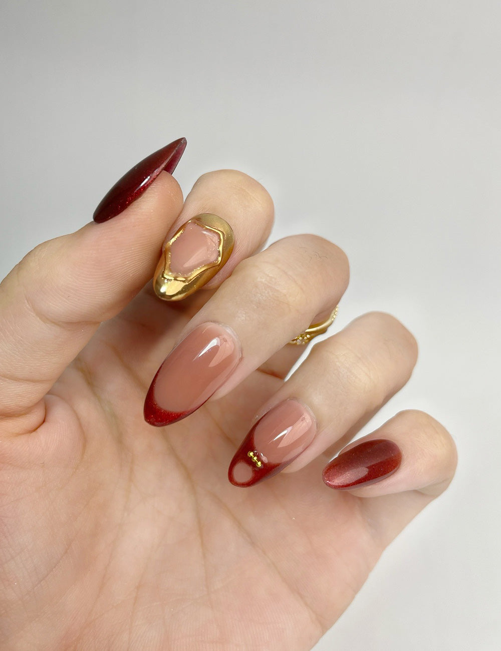 Crimson Charm Press-On Nails – Deep Red & Gold Accent Elegance