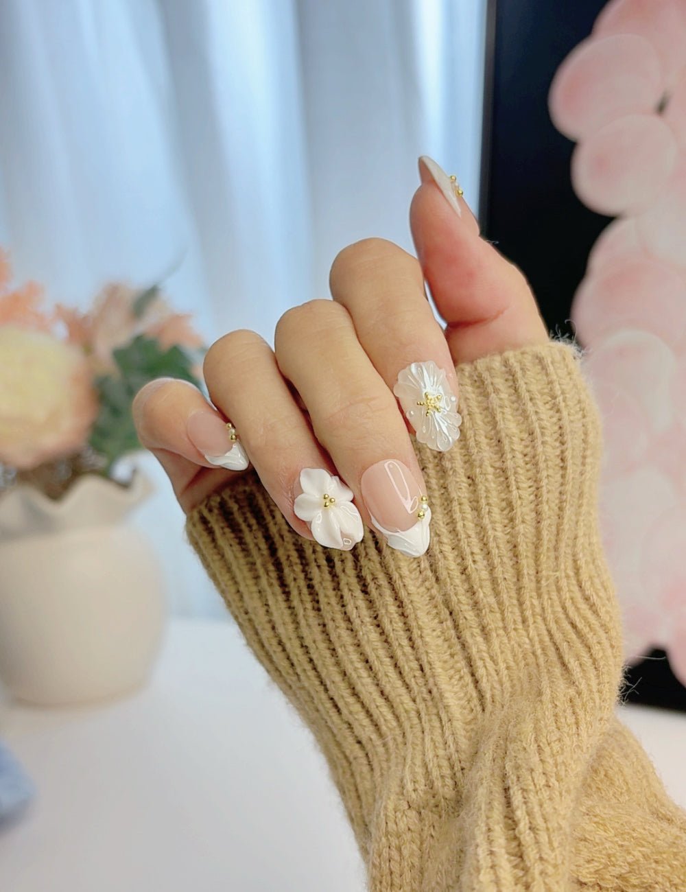 Handmade White French Pearl 3D Floral Short Almond Press-On Nails