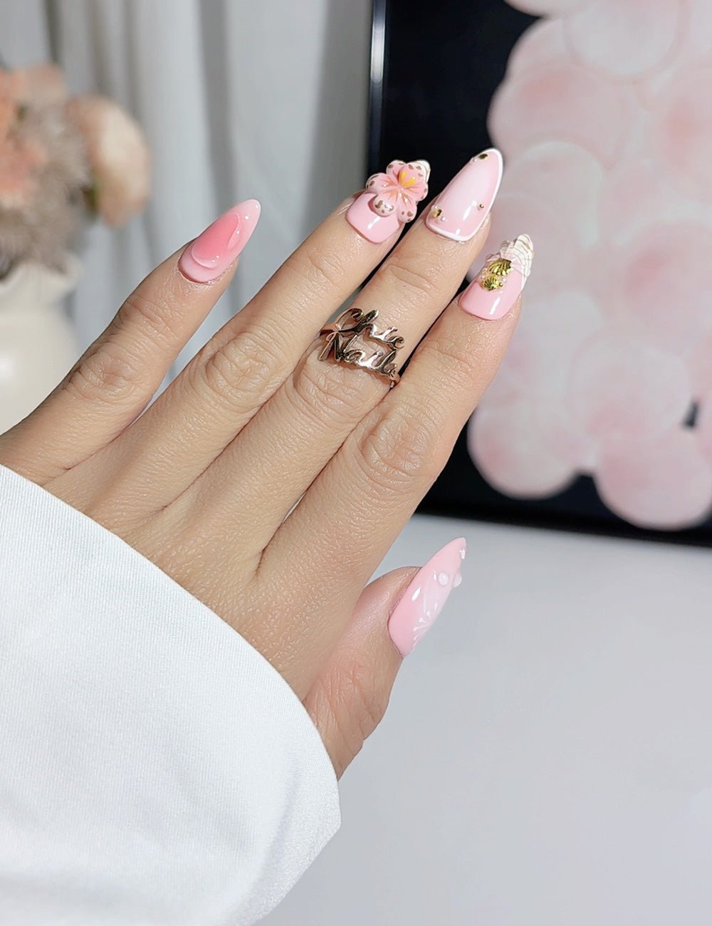 Pink Shell Bloom 3D Press-On Nails – Sweet Almond Set