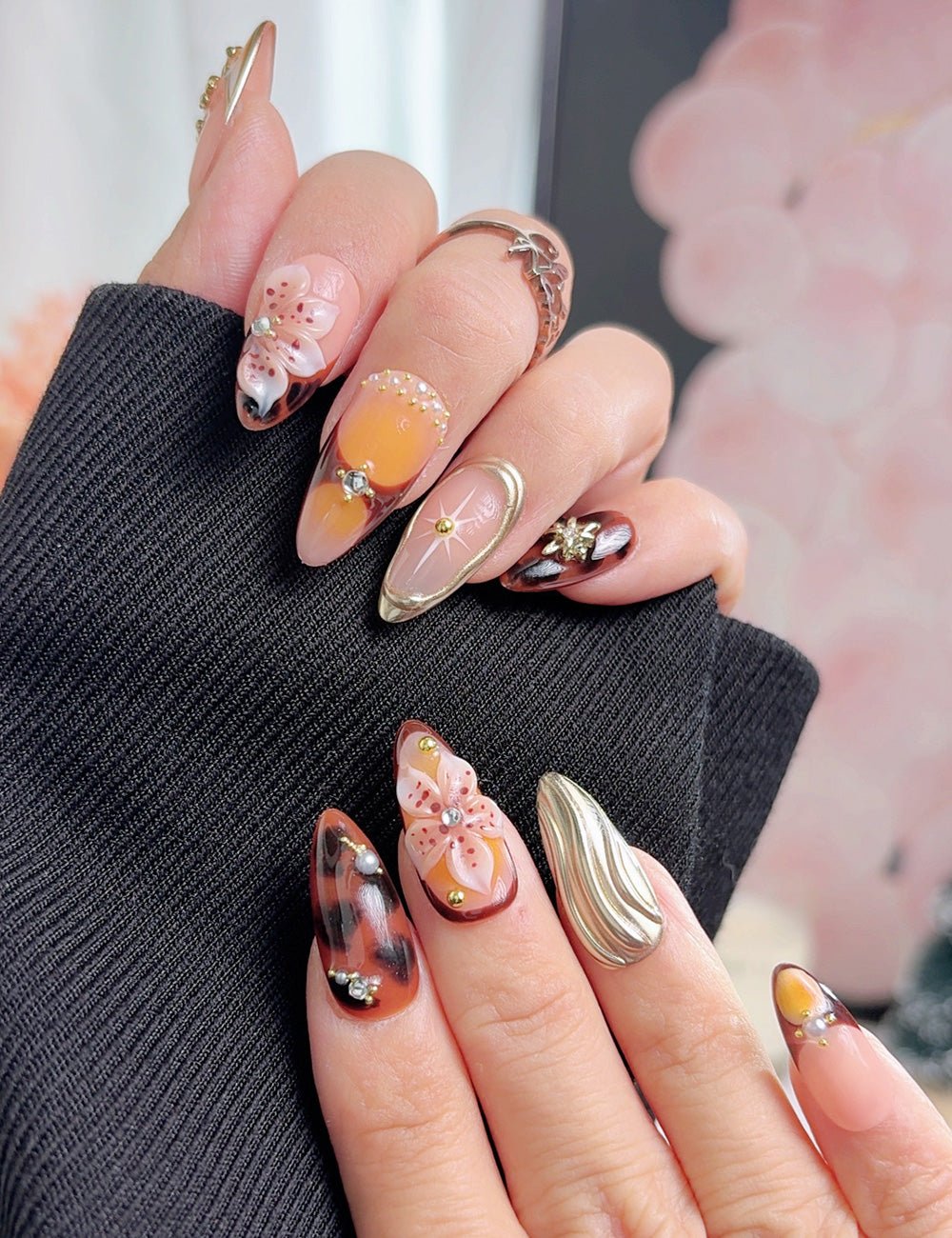 Floral Press On Nails with Glue, Medium Almond, Handmade 3D Flower Nails, Gold Detail Artistic Nails
