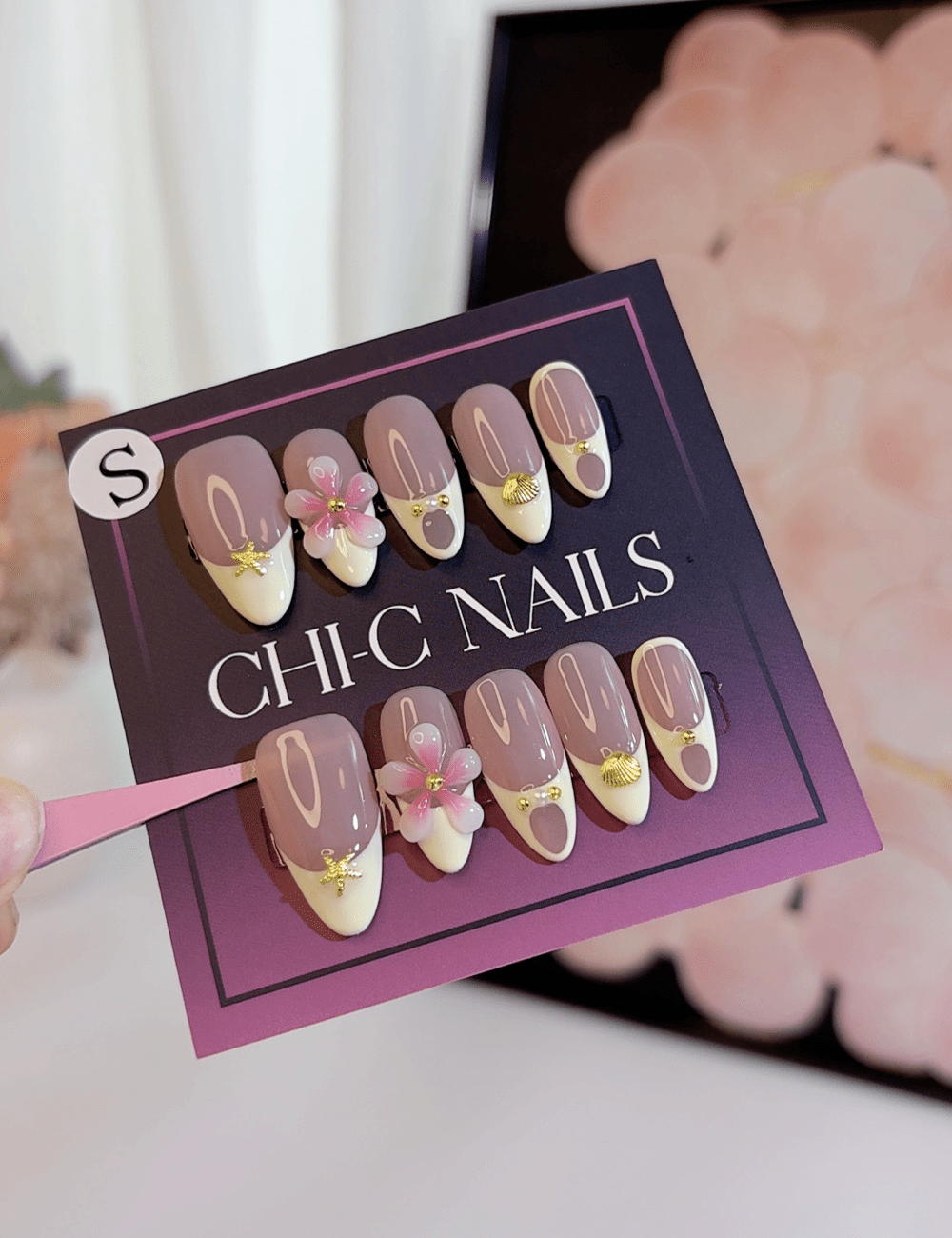 3D Flower French Press-On Nails – Medium Almond | Elegant Pink & White Design