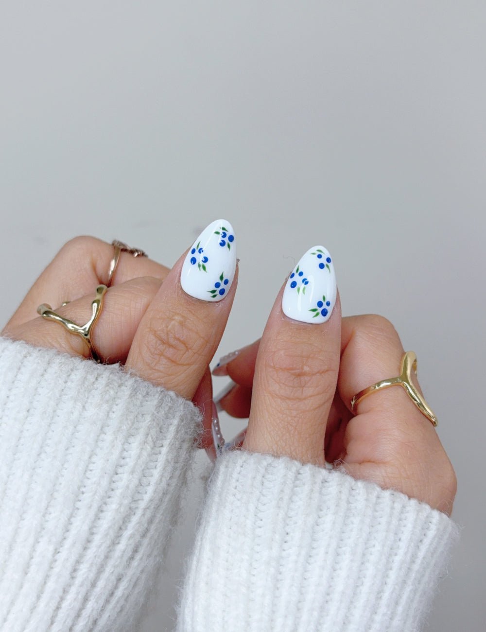 Blue Floral French Short Almond Press On Nails