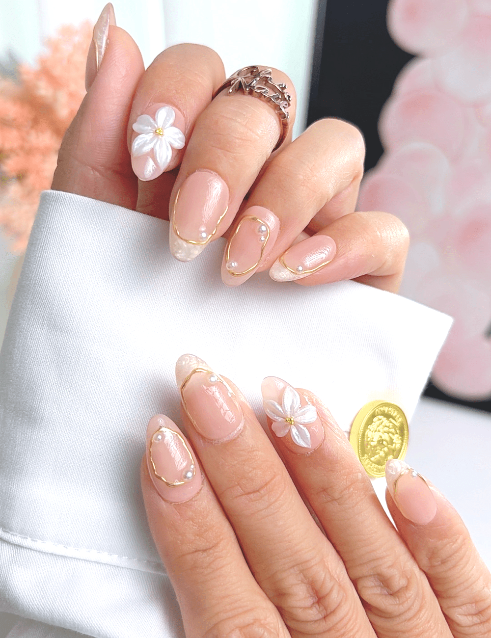 Gold Floral French Press On Nails | Nude Short Almond Nails | Elegant Pearl Gold Design | Handmade Press On Nails