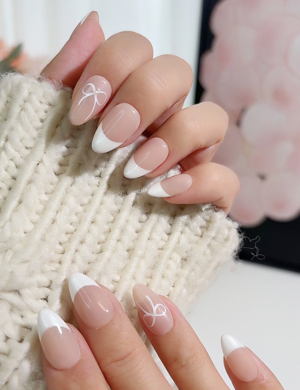Simple Bow Press-On Nails – Classic Nude & White with Ribbon Accent