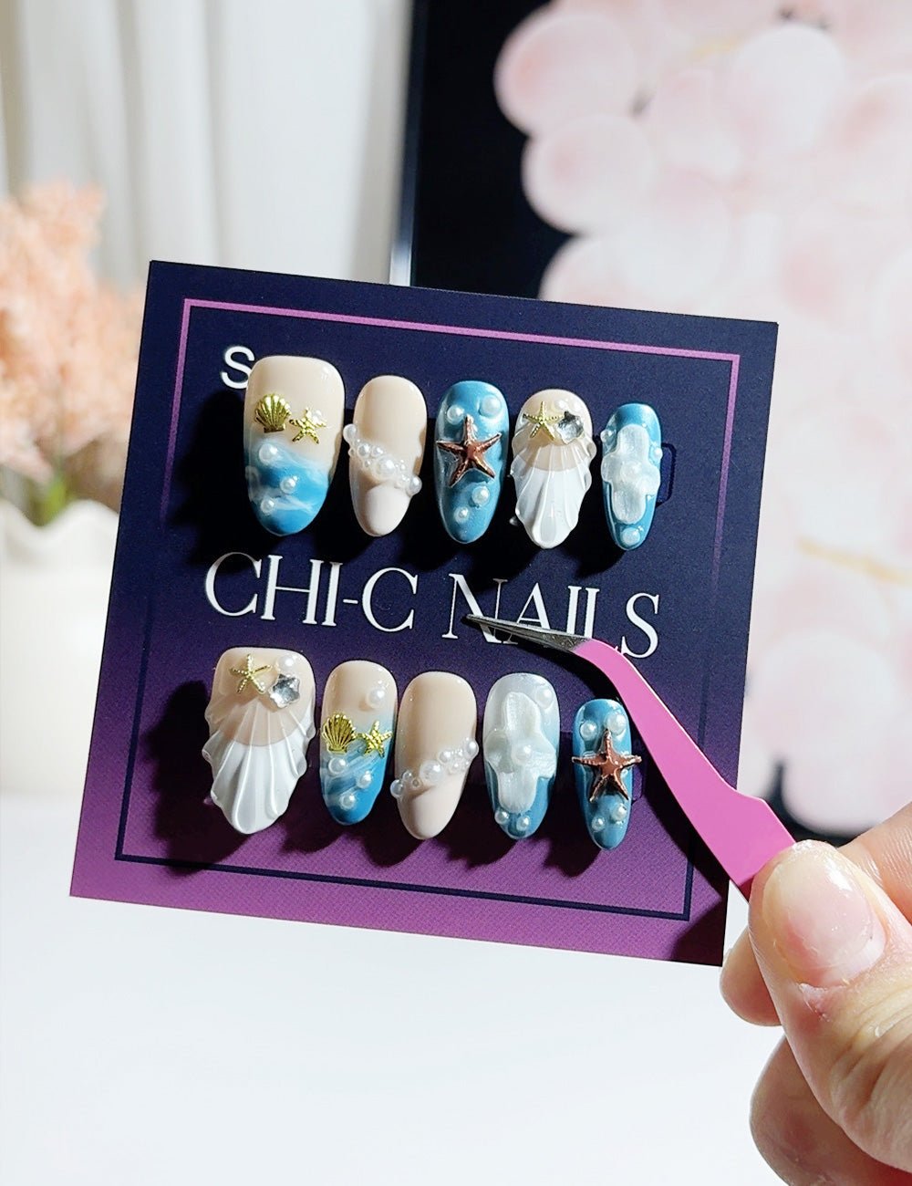 Ocean Pearl 3D Shell Press-On Nails – Blue Almond Set