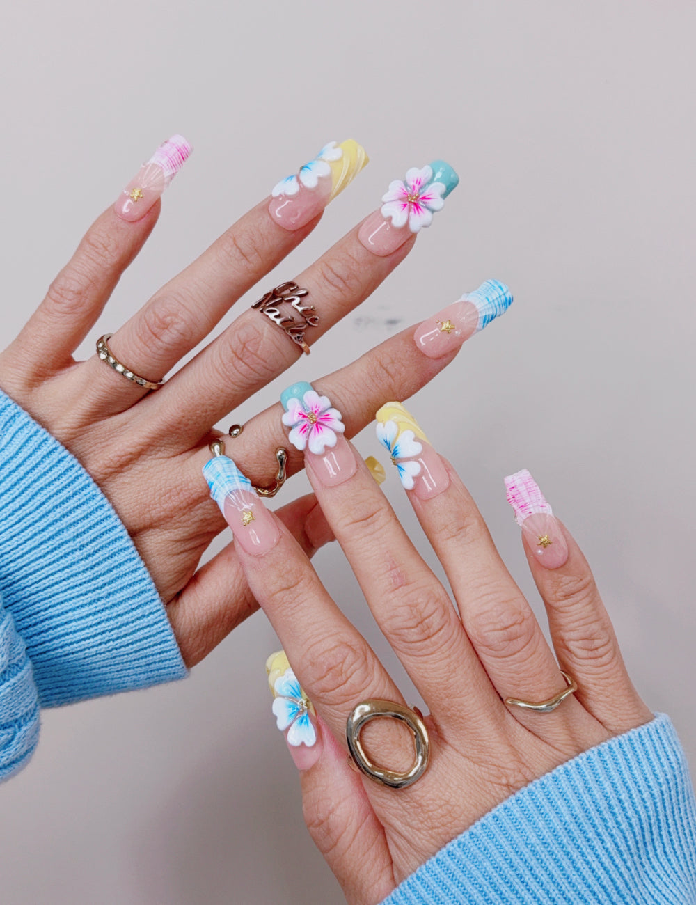 Pastel Plaid Floral Long Square Press On Nails