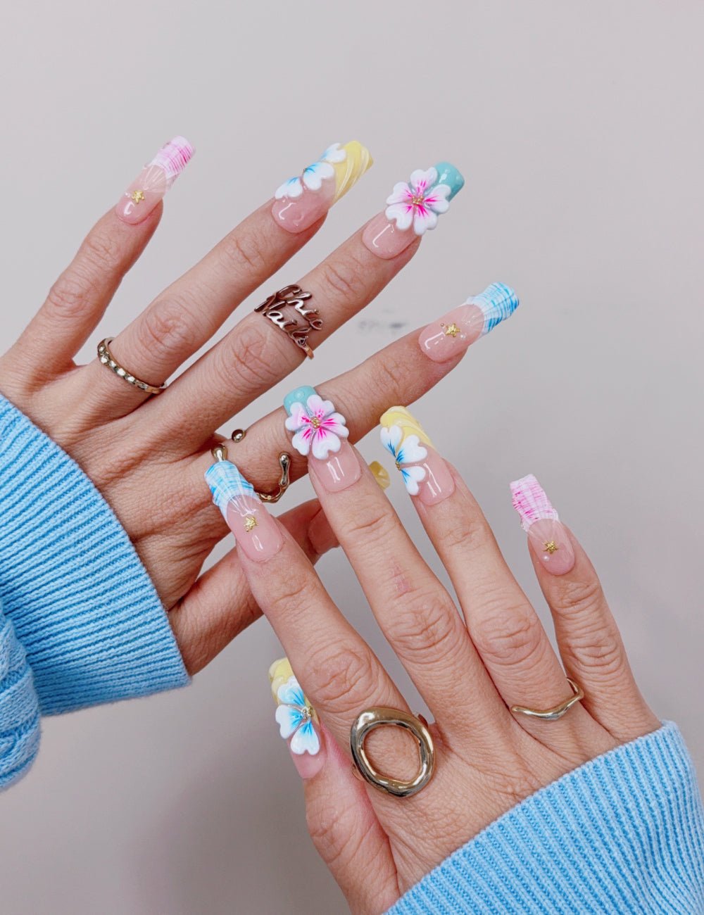 Pastel Plaid Floral Long Square Press On Nails