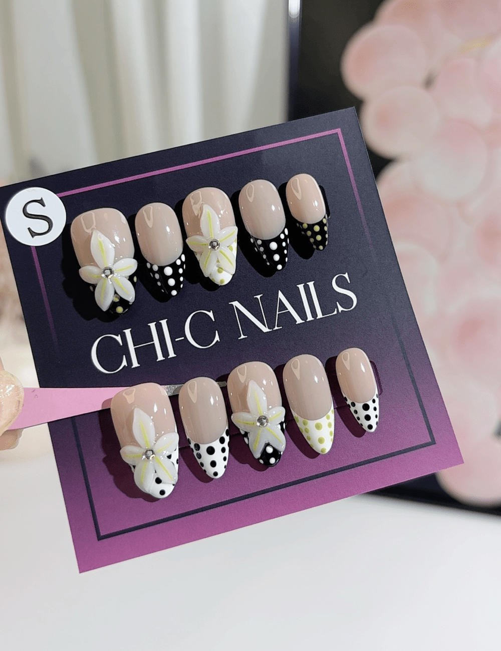 Polka Dot Floral French Press-On Nails – Medium Almond