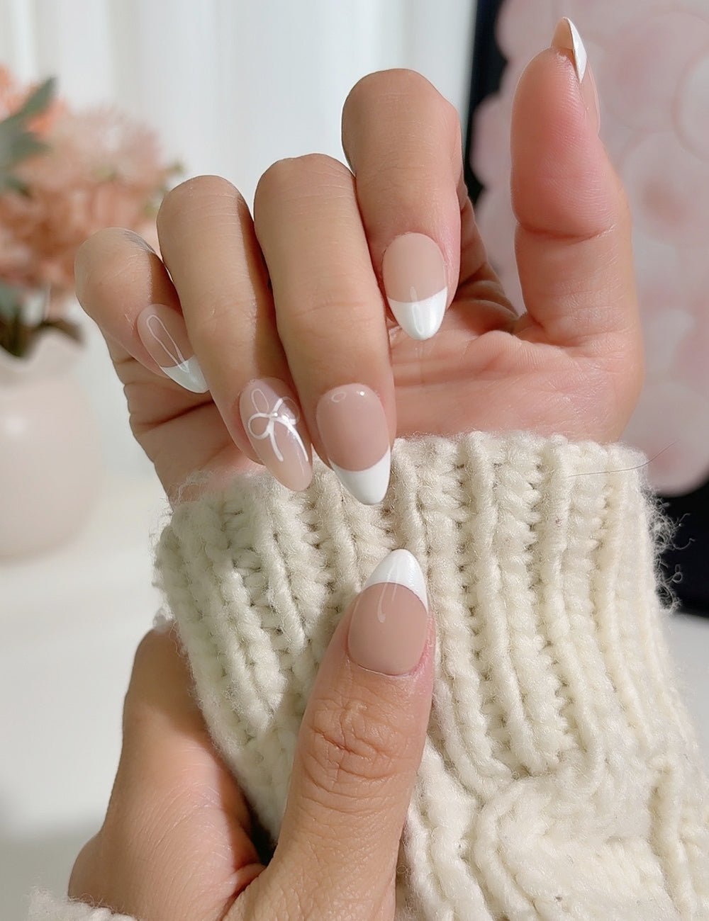 Simple Bow Press-On Nails – Classic Nude & White with Ribbon Accent