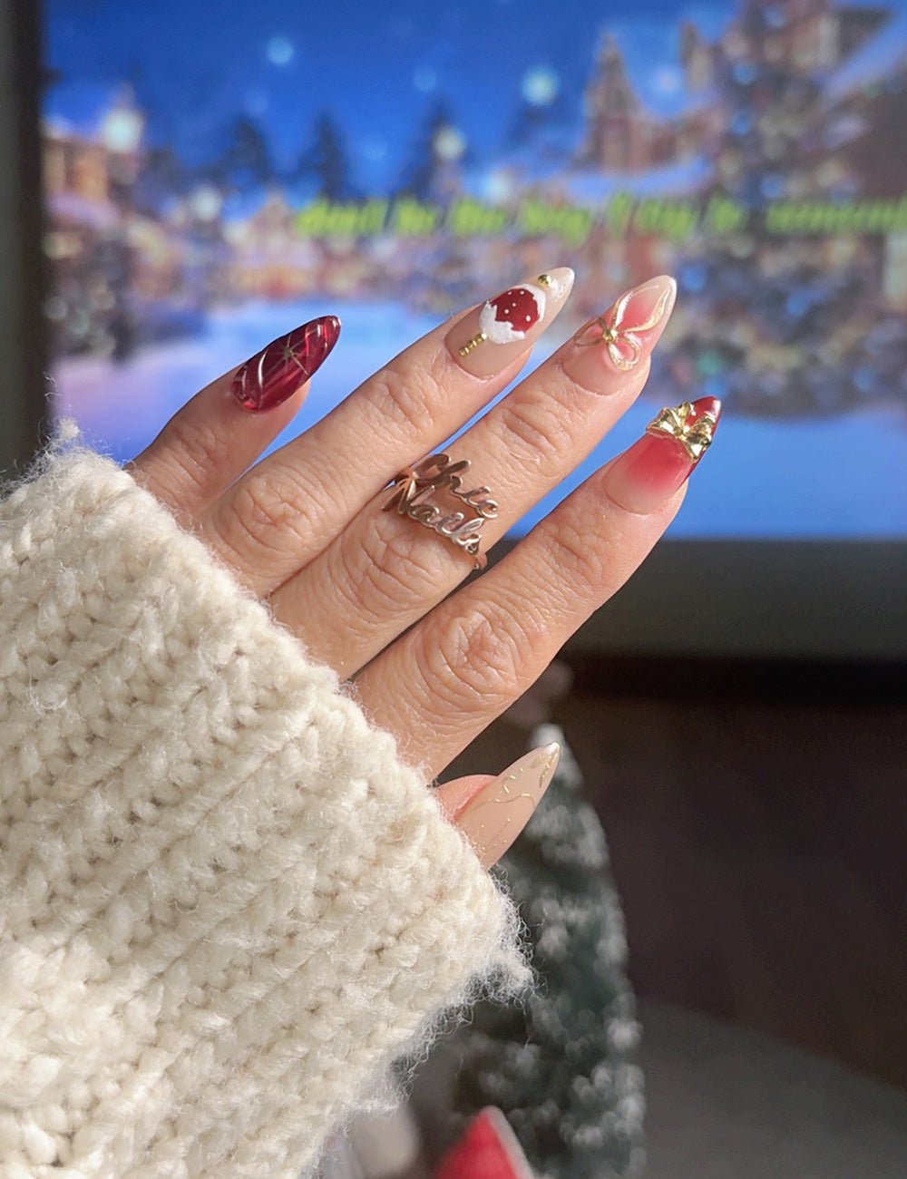 Red Gold Christmas Bow Press-On Nails