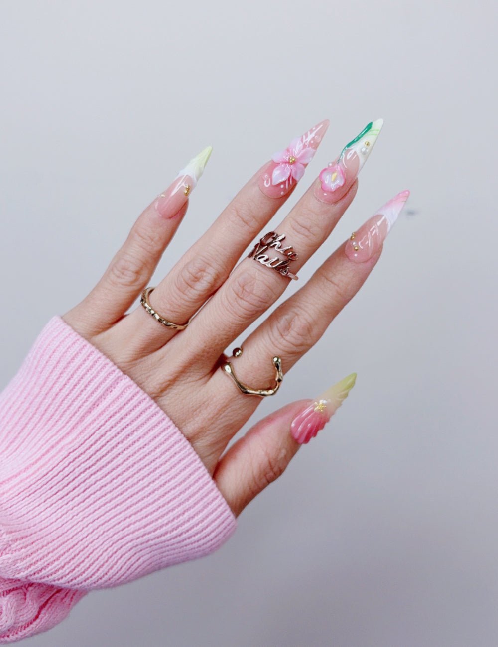 Pink Lily Floral Long Stiletto Press On Nails