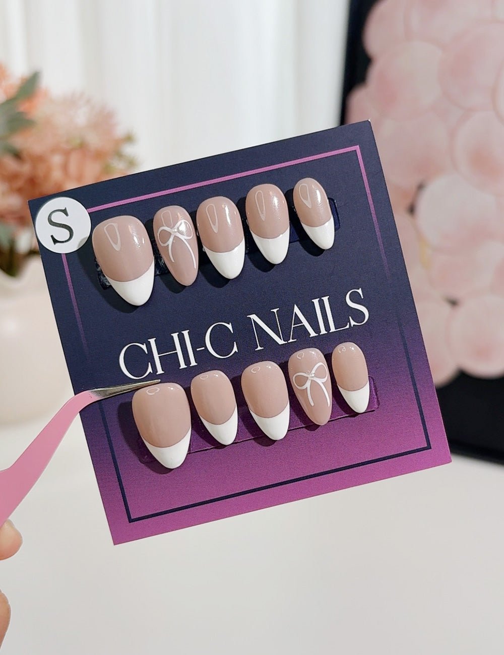 Simple Bow Press-On Nails – Classic Nude & White with Ribbon Accent