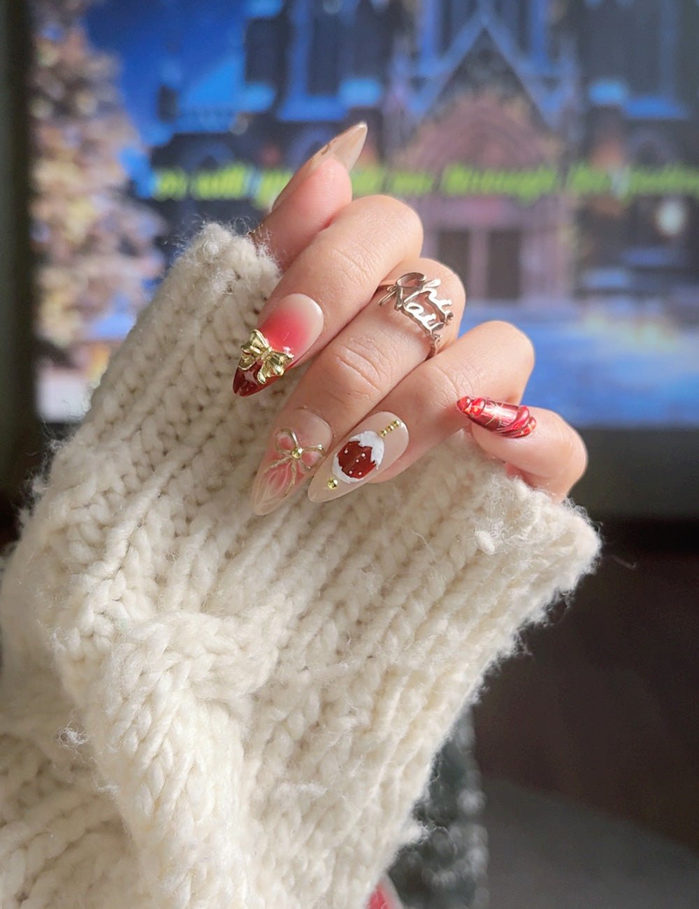 Red Gold Christmas Bow Press-On Nails