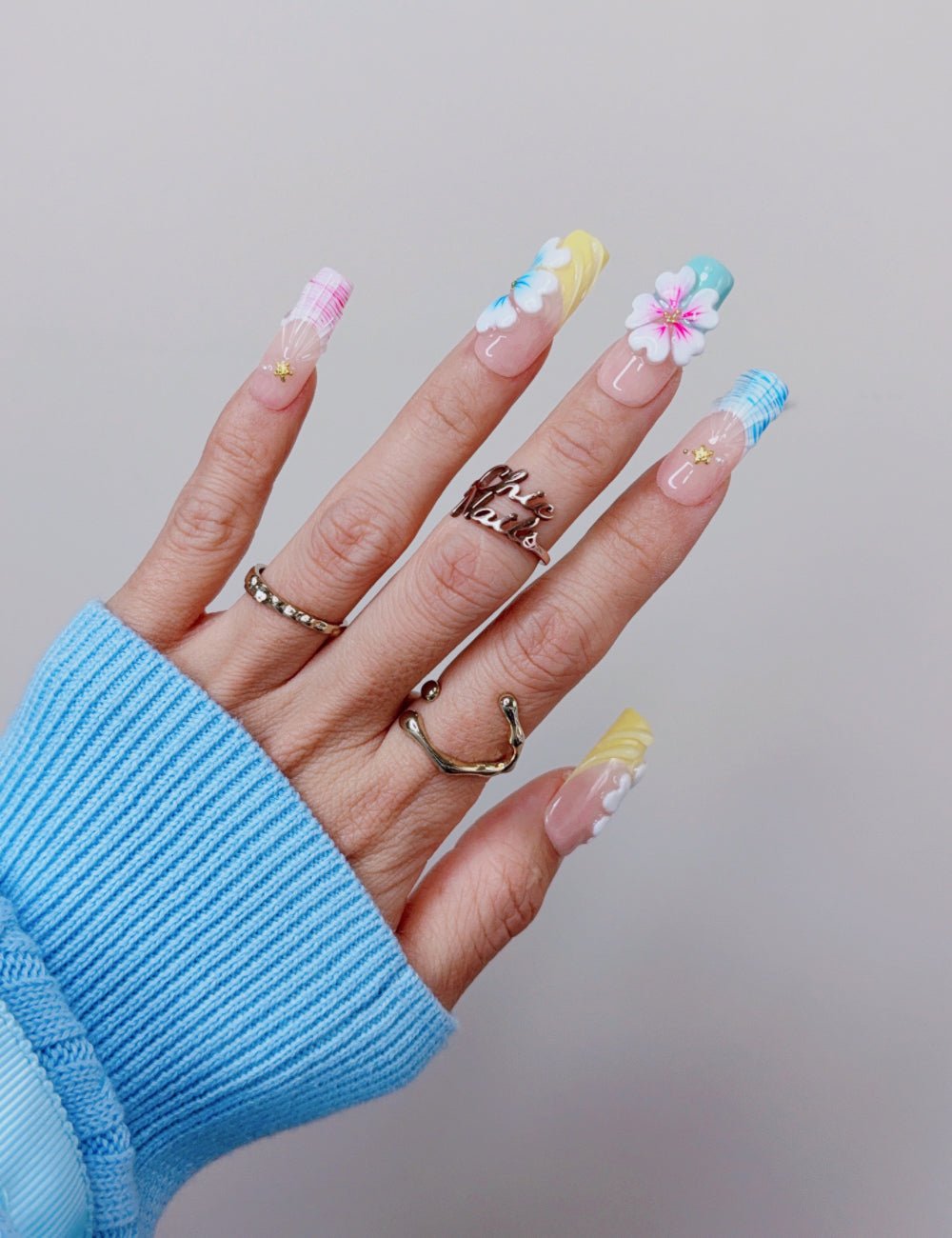 Pastel Plaid Floral Long Square Press On Nails