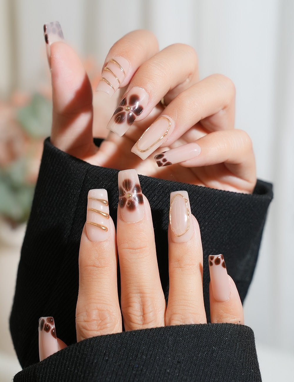 Brown Floral Press-On Nails – Square Shape with Gold Wire Art & Glossy Finish