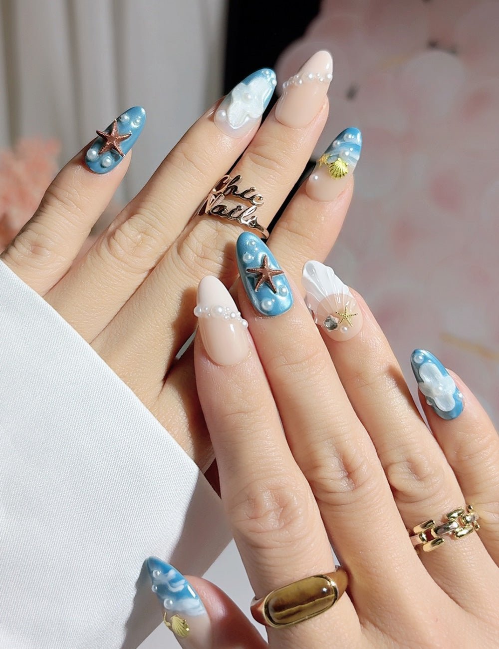 Ocean Pearl 3D Shell Press-On Nails – Blue Almond Set