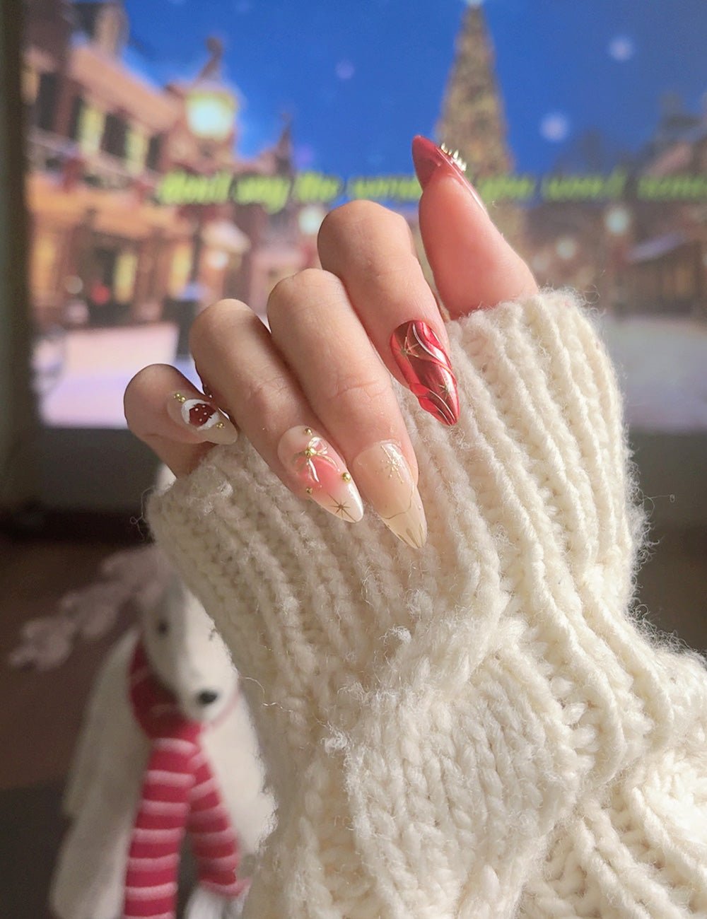Red Gold Christmas Bow Press-On Nails