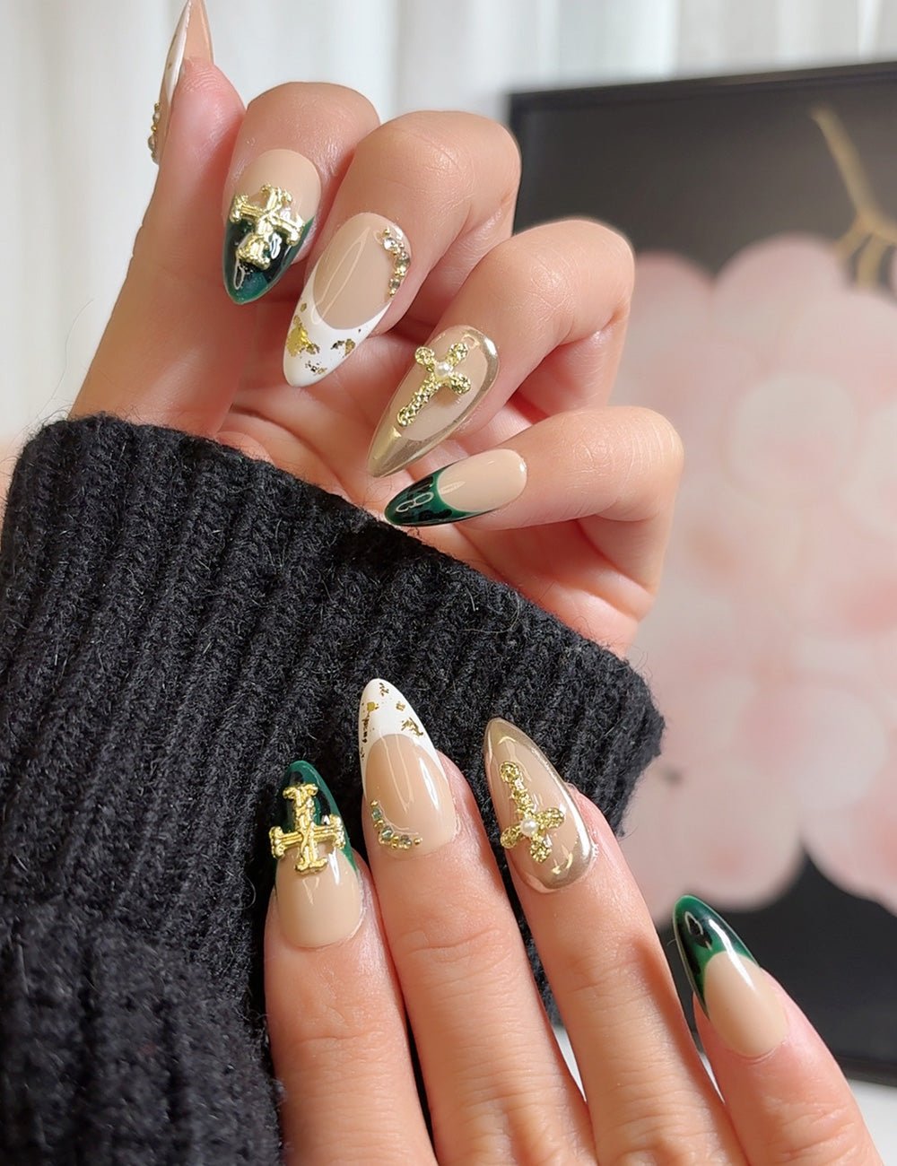 Divine Luxe – Green & Gold Cross Press-On Nails with Foil Tips (Medium Almond)