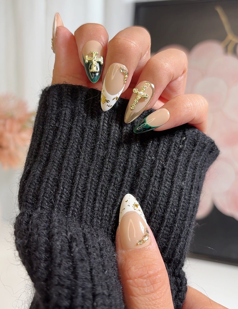 Divine Luxe – Green & Gold Cross Press-On Nails with Foil Tips (Medium Almond)
