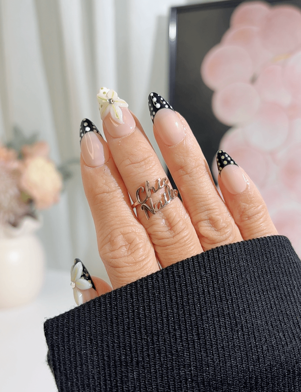 Polka Dot Floral French Press-On Nails – Medium Almond