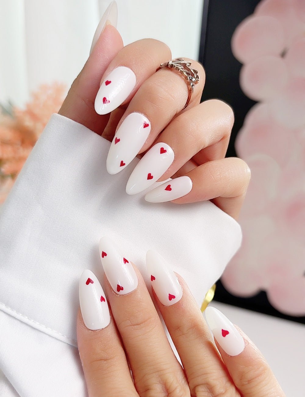 White Heart Press-On Nails | Medium Almond Valentine Handmade Set