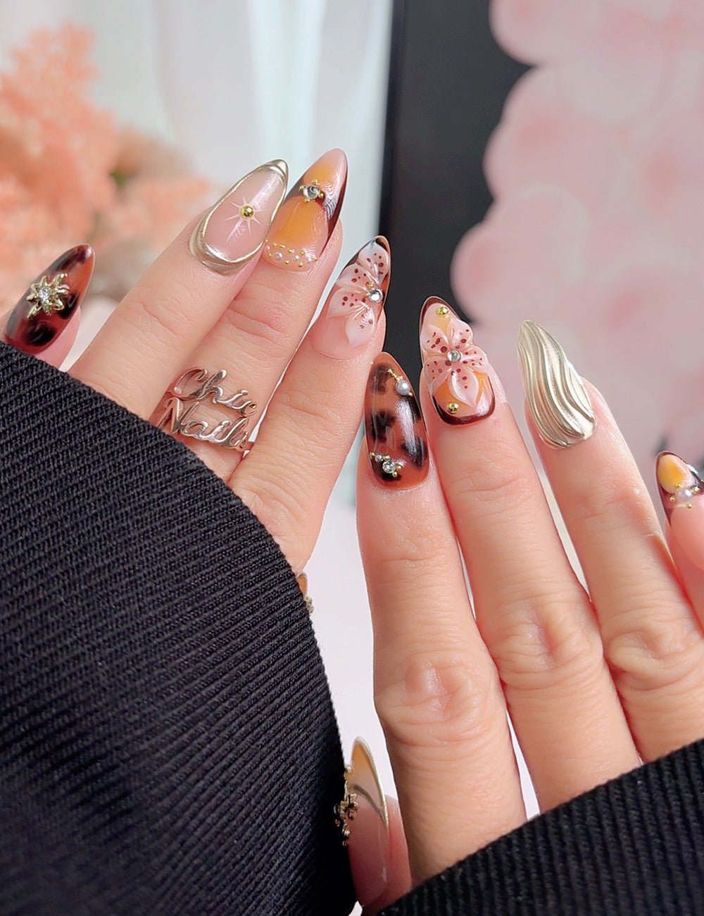 Floral Press On Nails with Glue, Medium Almond, Handmade 3D Flower Nails, Gold Detail Artistic Nails