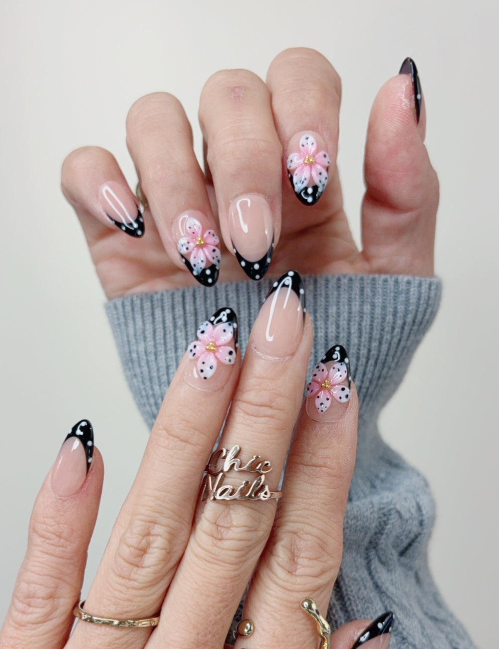 Pink Floral Black French Short Almond Press On Nails