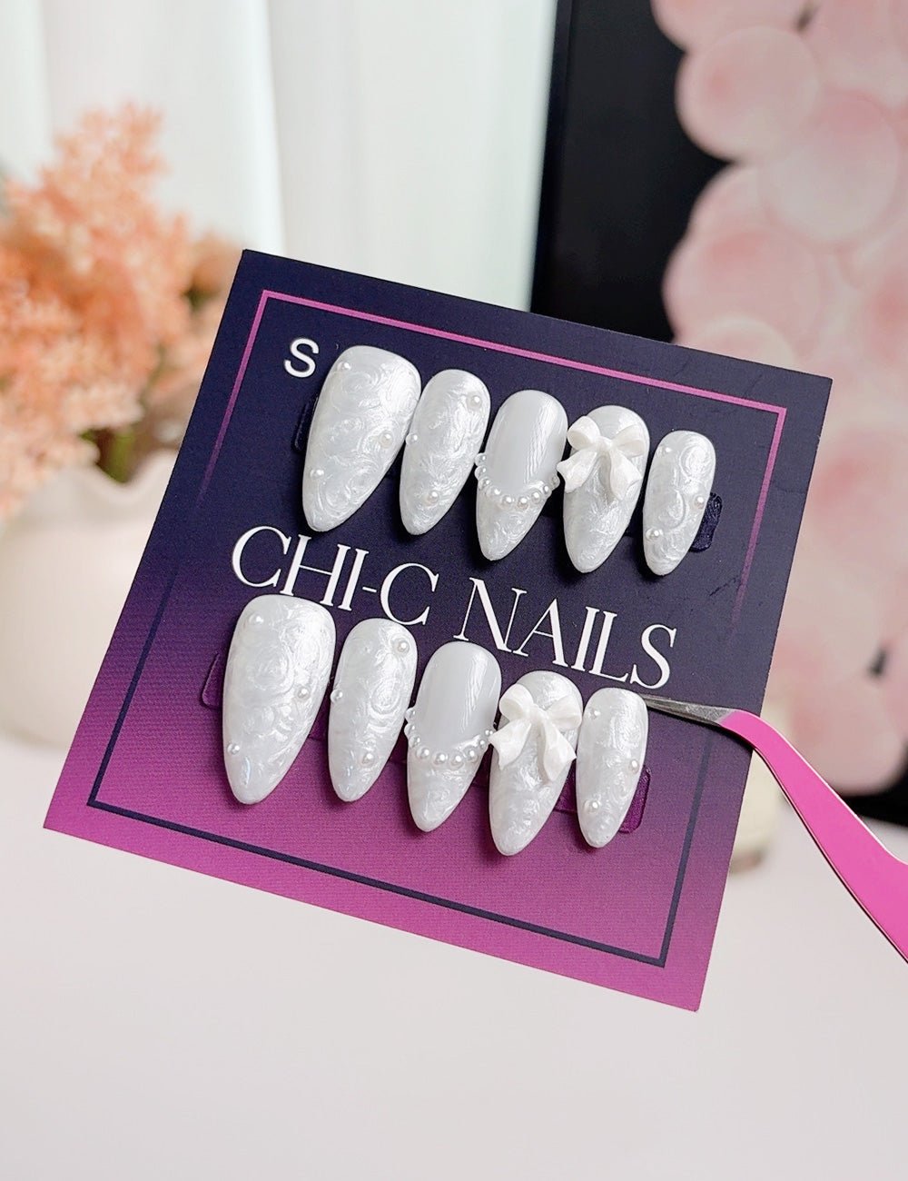White Bow Press-On Nails | Medium Almond Pearl Handmade Set