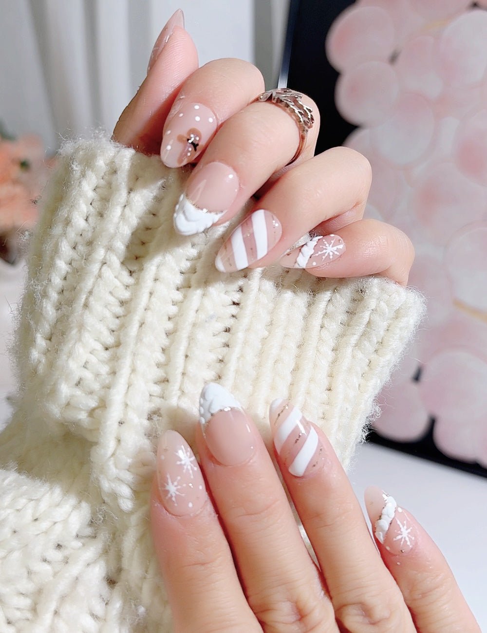 Handmade Press On Nails Winter Snowflake White Design Reusable Fake Nails CHICNAILS