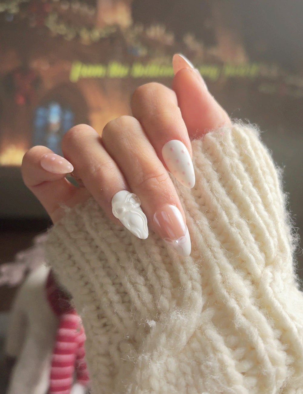 White Bow & Pink Dot Almond Press-On Nails