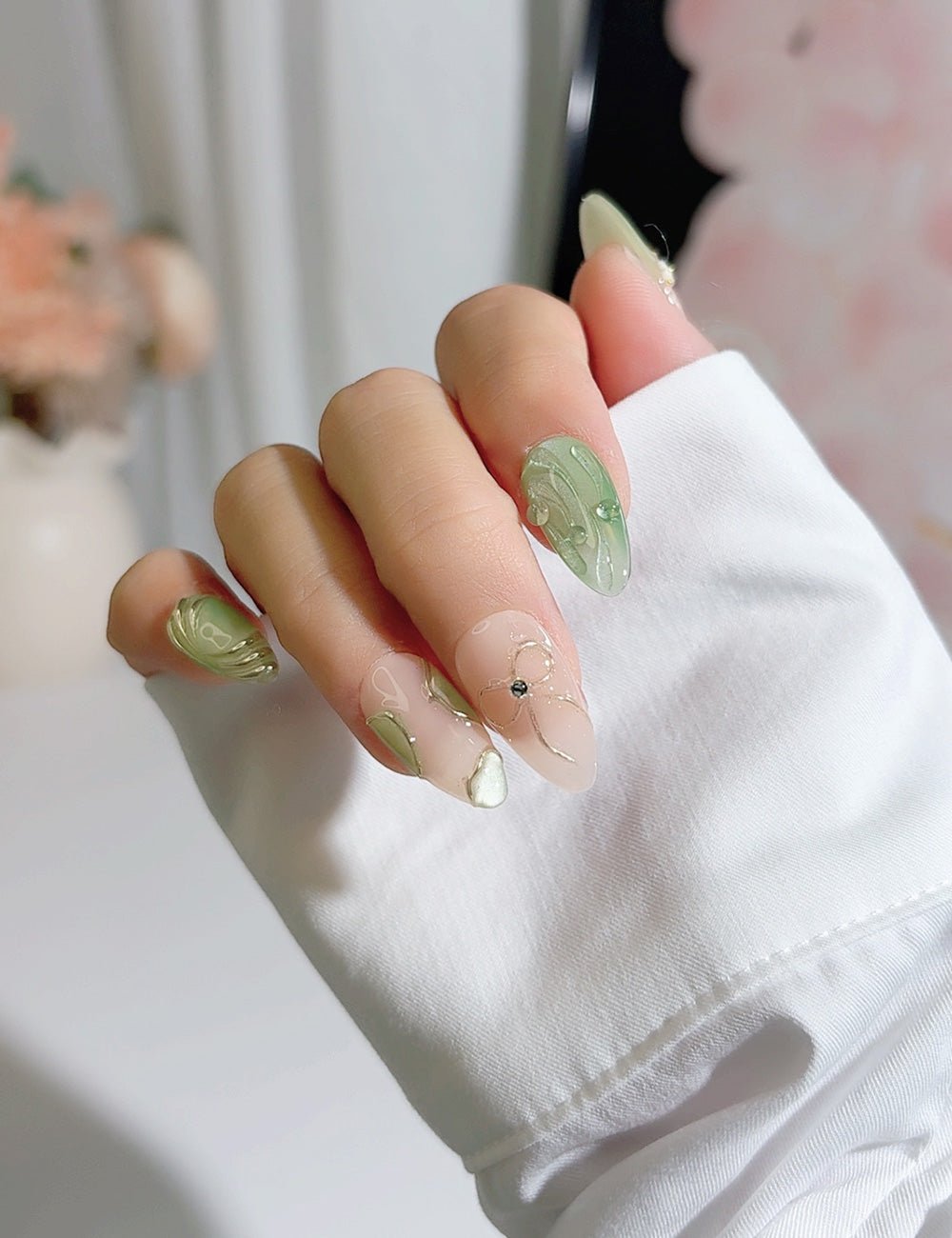 Handmade Press On Nails Sage Green Floral 3D Design Reusable Fake Nails CHICNAILS