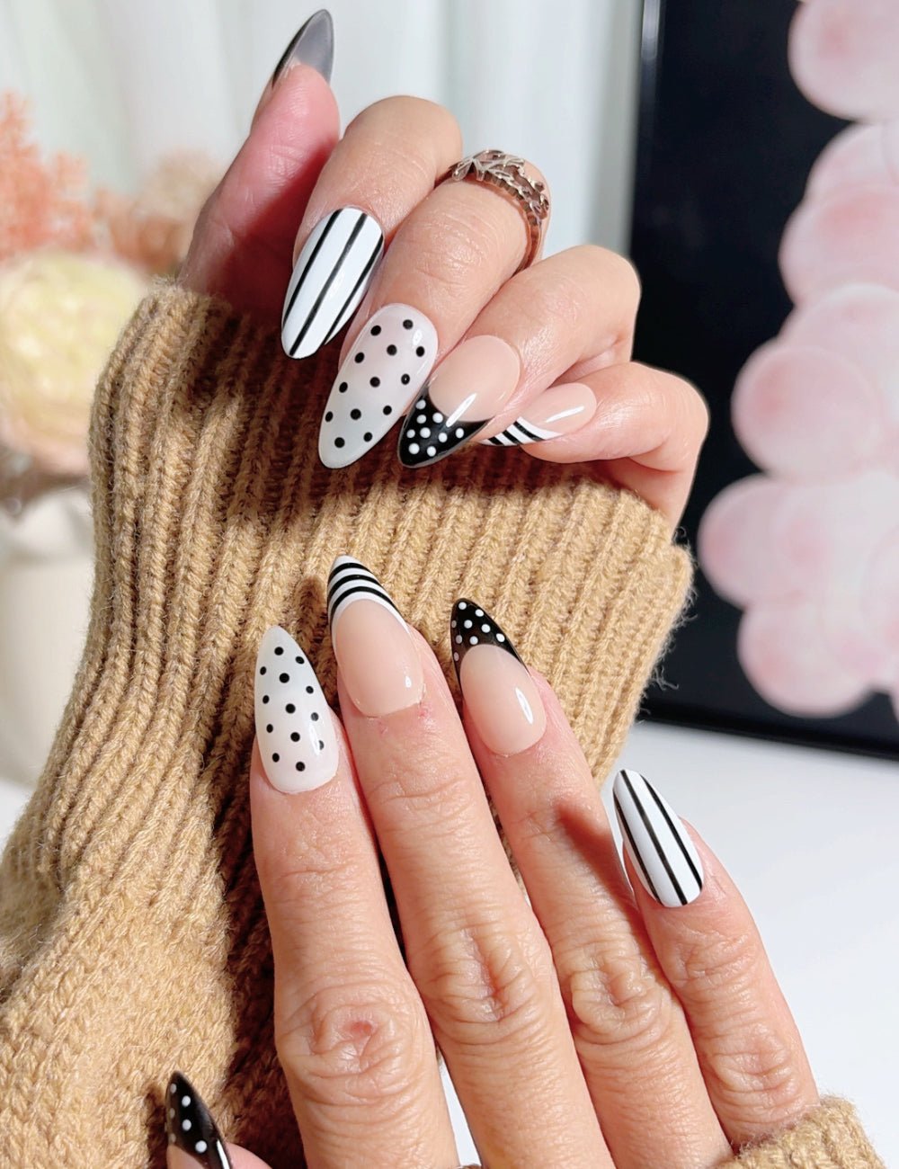 Monochrome Dot & Stripe Medium Almond Nails