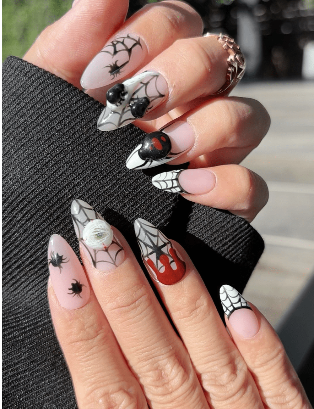 Halloween Spider Web Press-On Nails – Medium Almond with 3D Spiders & Blood Drip