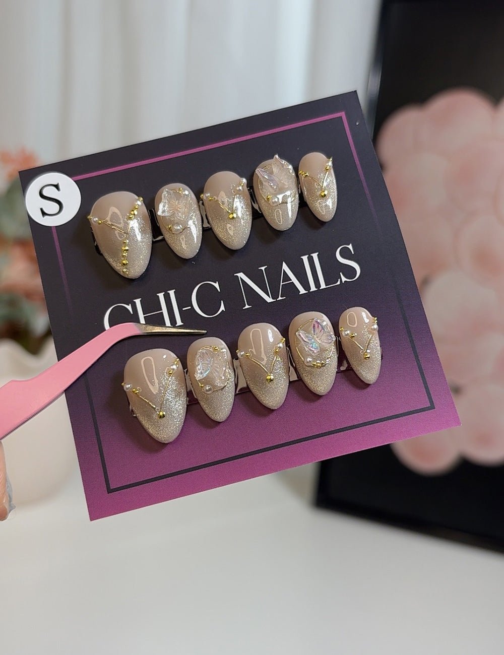 Butterfly Charm – Short Almond Glitter Press-On Nails