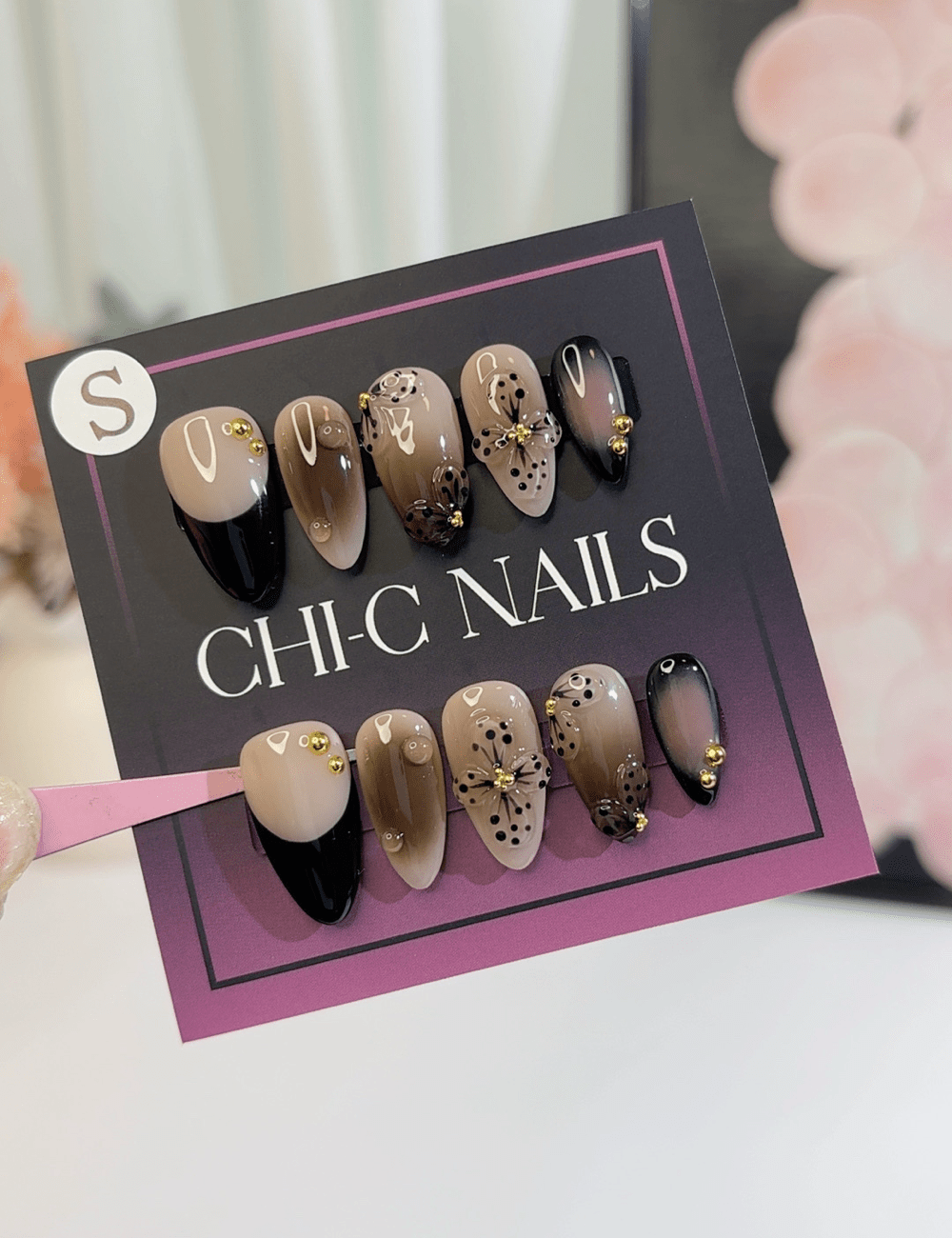 Black Butterfly Floral Ombre Press-On Nails – Medium Almond