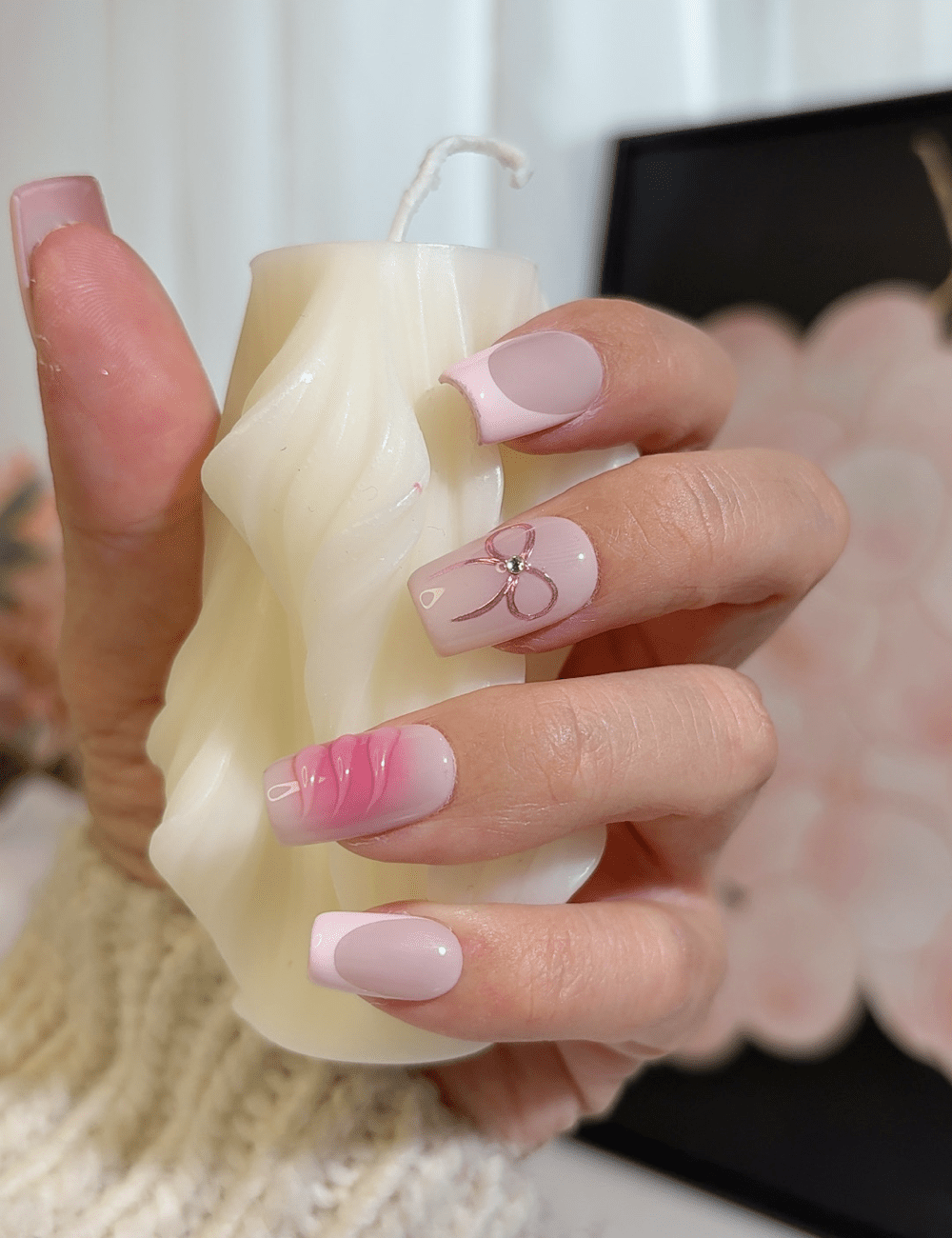 Pink Bow French Press-On Nails – Middle Square Cute Barbie Style with 3D Swirls