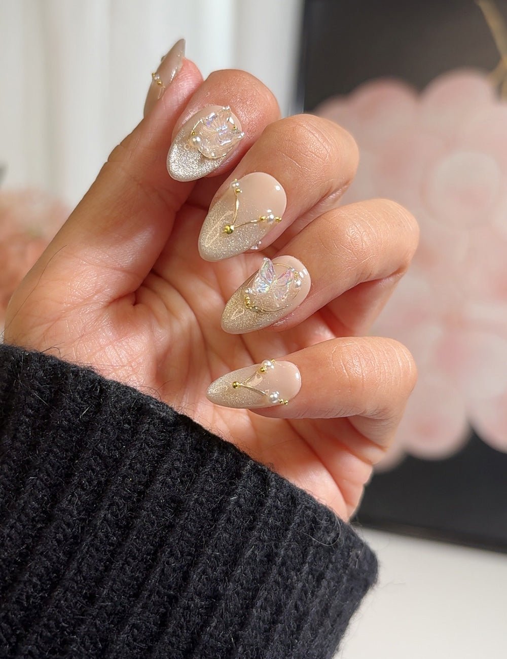 Butterfly Charm – Short Almond Glitter Press-On Nails