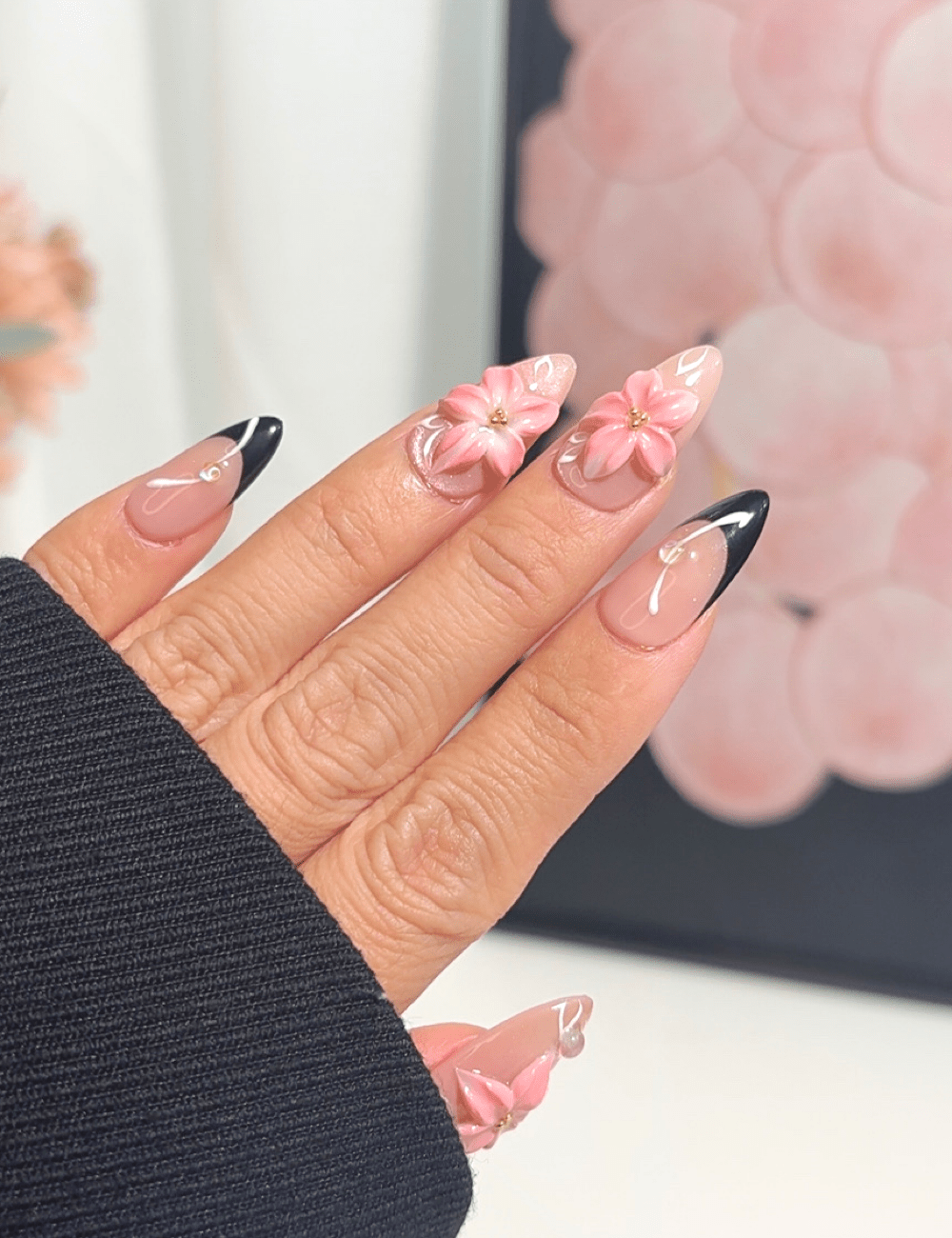 Black French Blossom 3D Press-On Nails