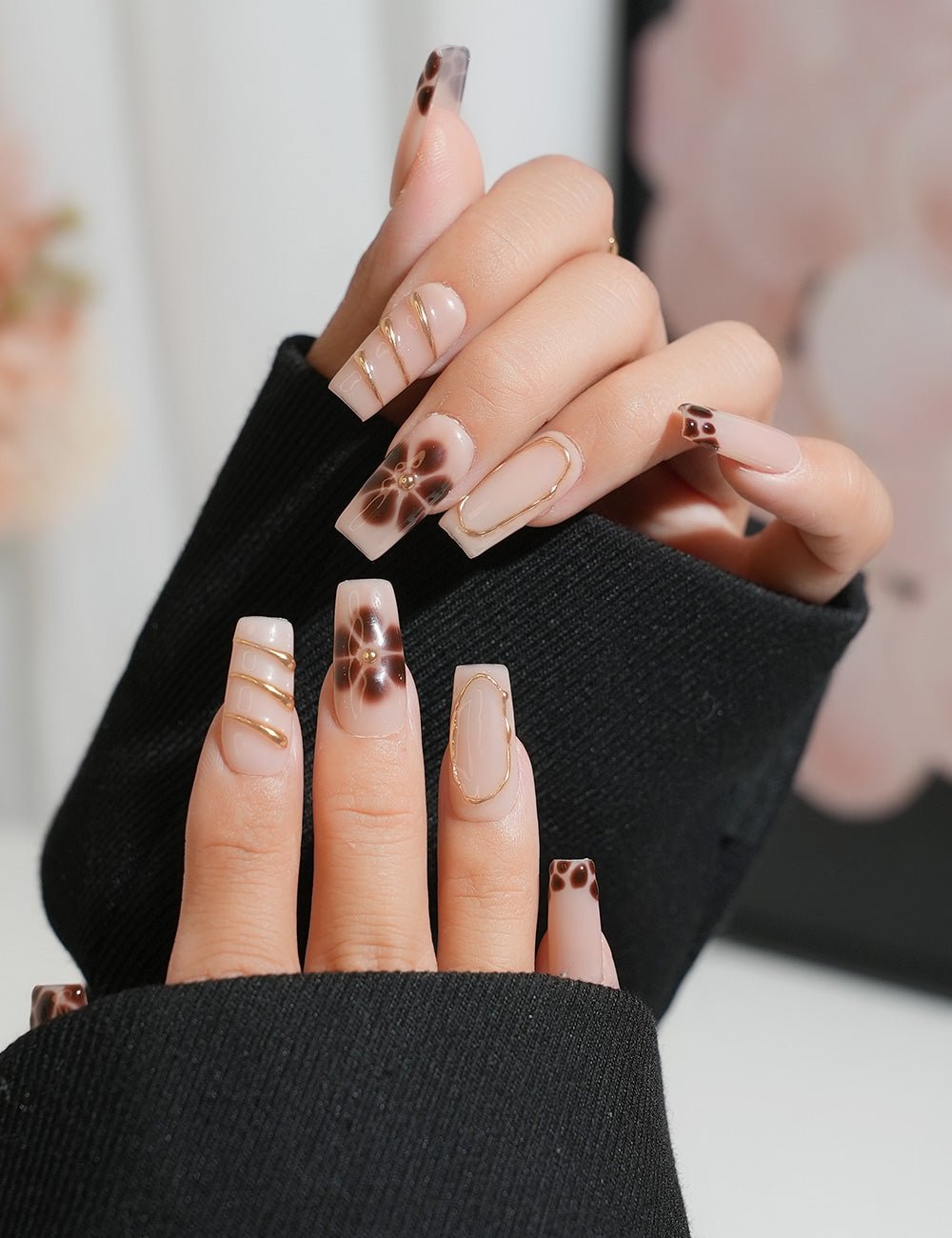 Brown Floral Press-On Nails – Square Shape with Gold Wire Art & Glossy Finish