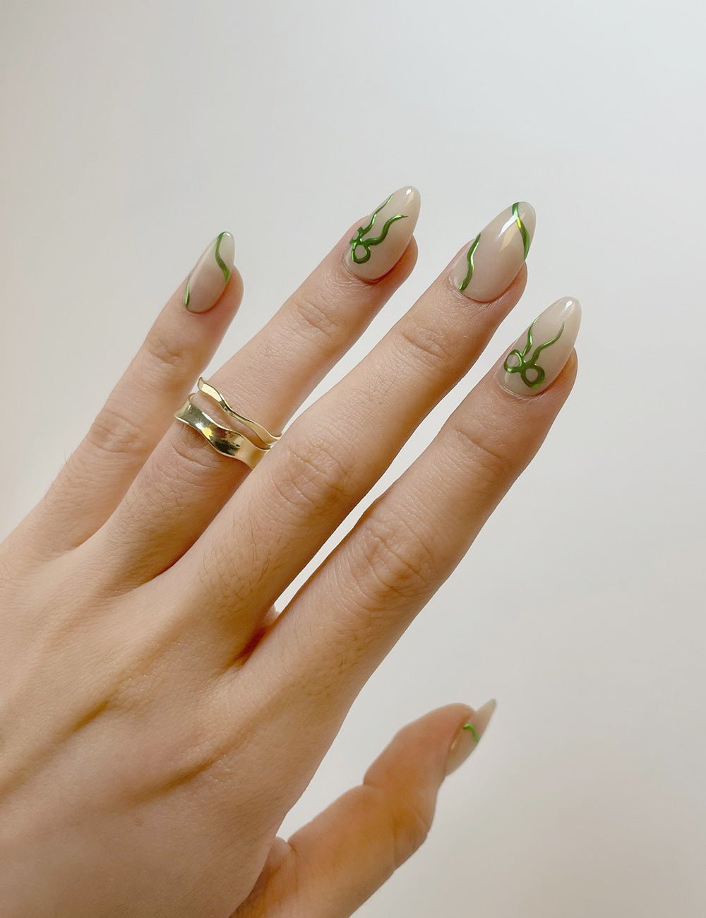 Lime Line Press-On Nails – Glossy Green Ribbon on Nude Base