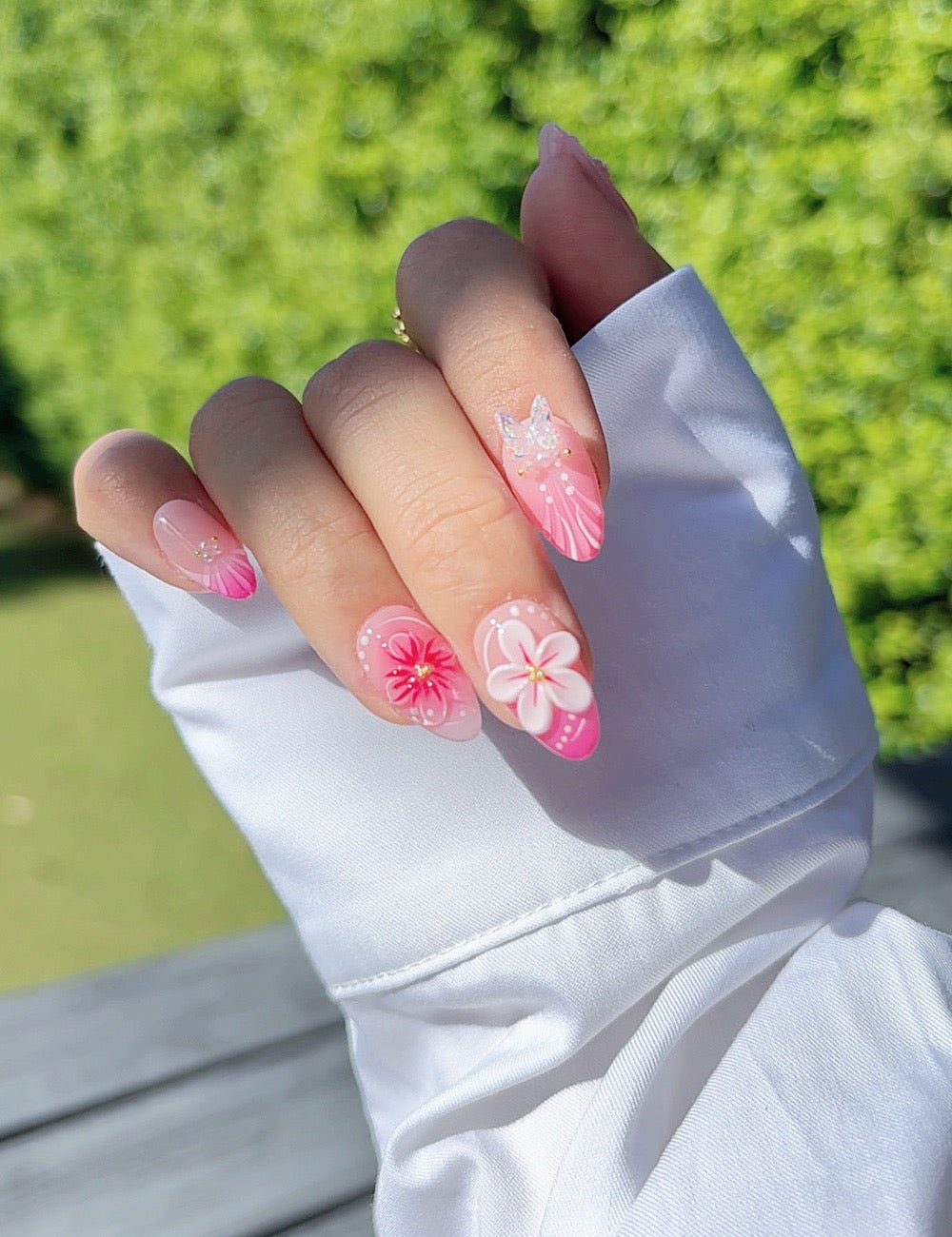 Strawberry Bloom – Pink 3D Flower Short Almond Press-On Nails