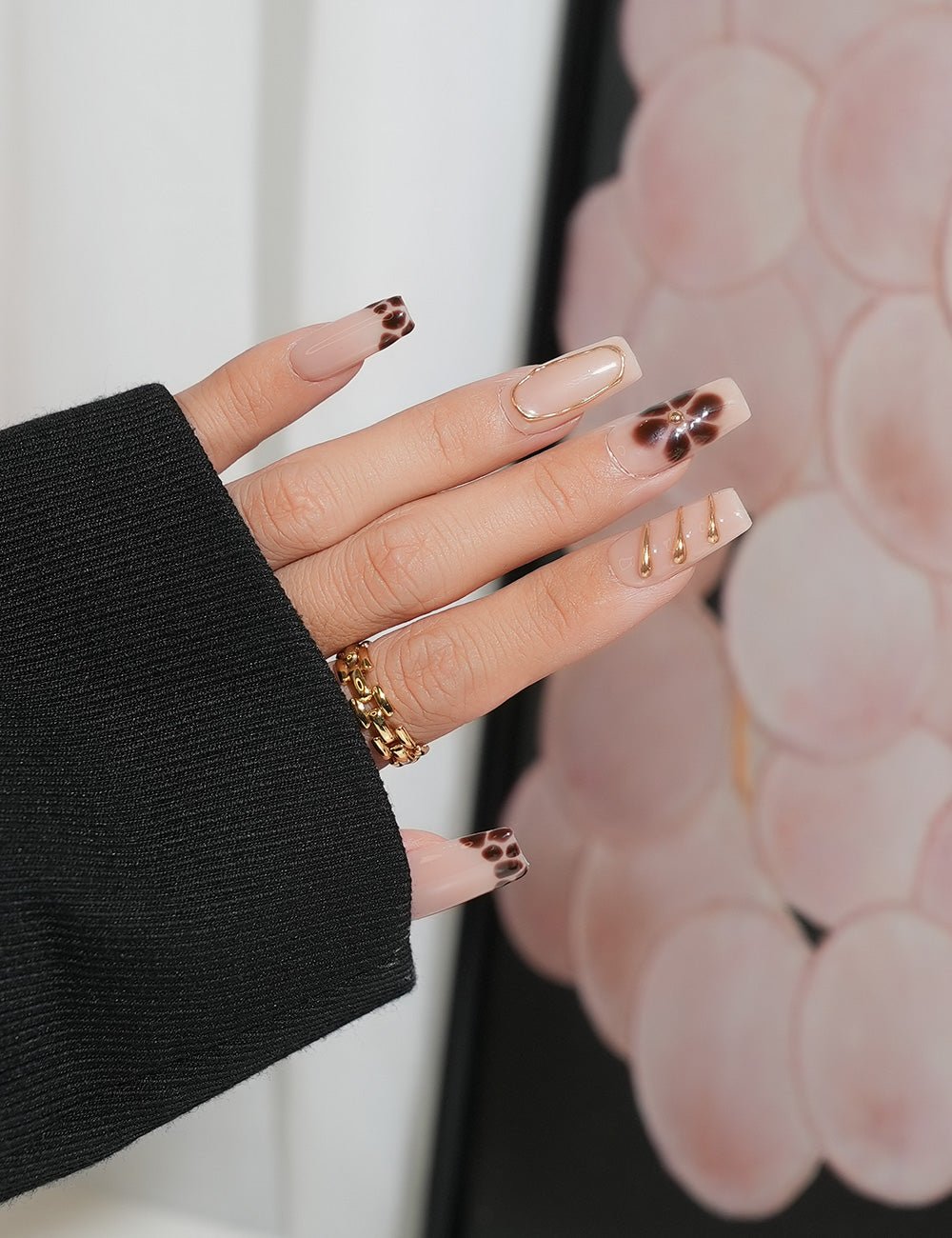 Brown Floral Press-On Nails – Square Shape with Gold Wire Art & Glossy Finish