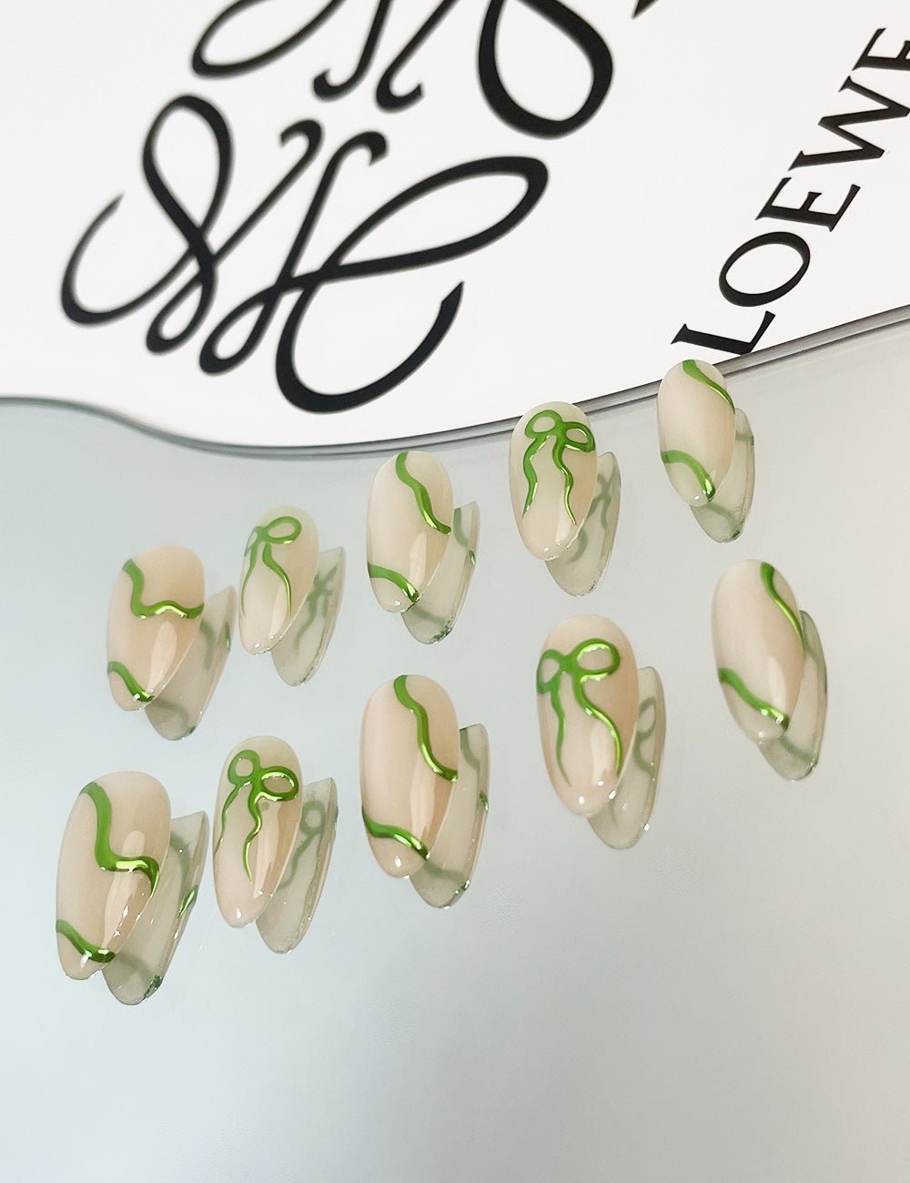 Lime Line Press-On Nails – Glossy Green Ribbon on Nude Base