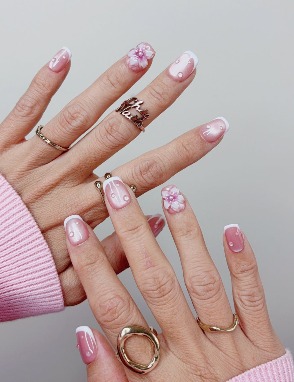 Pink Floral French Extra Short Square Press On Nails