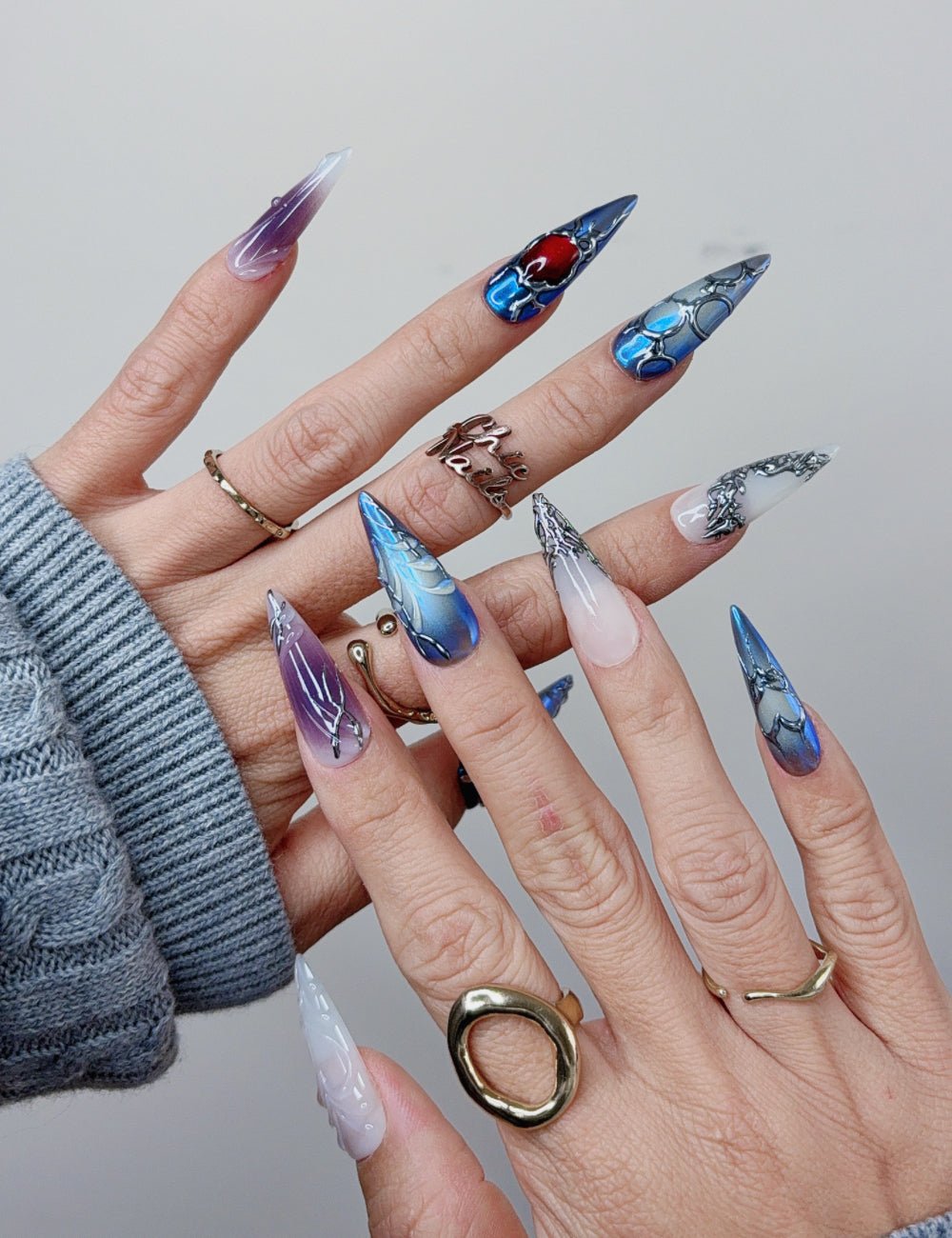 Blue Gothic Fantasy Long Stiletto Press On Nails