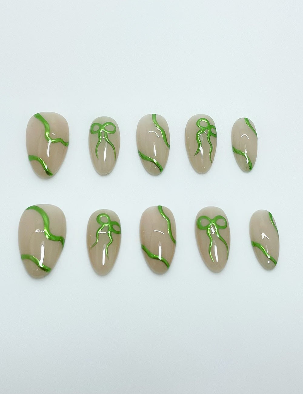 Lime Line Press-On Nails – Glossy Green Ribbon on Nude Base